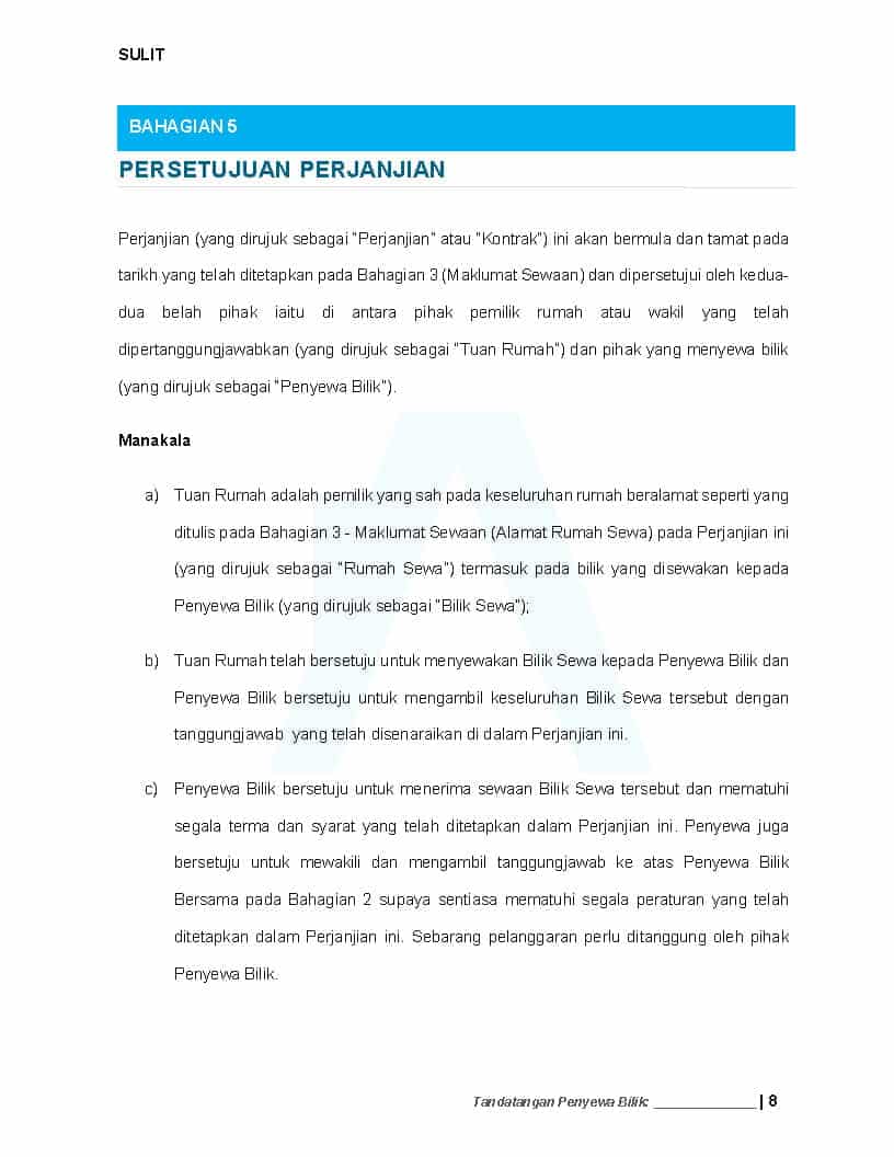 Contoh Agreement Perjanjian Sewa Bilik - Persetujuan ke semua parti
